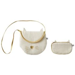 BB&Co – Sac Bandoulière + Porte-monnaie Chat Gaze De Coton Ivoire / Or