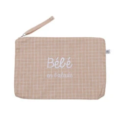 Baby Trousse Coton Enduit Brodée “Bébé En Balade” Carreaux Nude