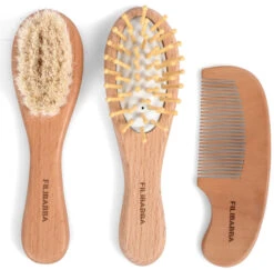 Set Brosses Et Peigne Bébé En Bois Avec Pochette Coton